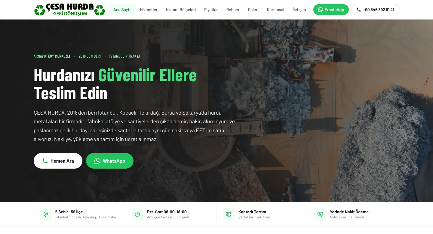 Çesa Hurda Geri Dönüşüm web sitesi ana sayfası